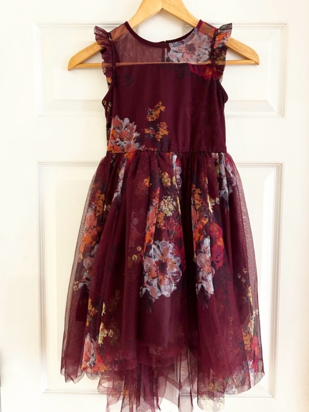 Girls' Floral Burgundy Tulle Party Dress - Special Occasion